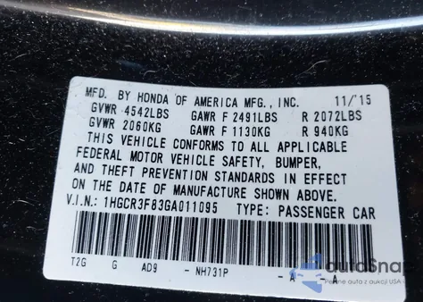2016 Honda Accord Ex-L V-6 from USA, damaged, VIN 1HGCR3F83GA011095